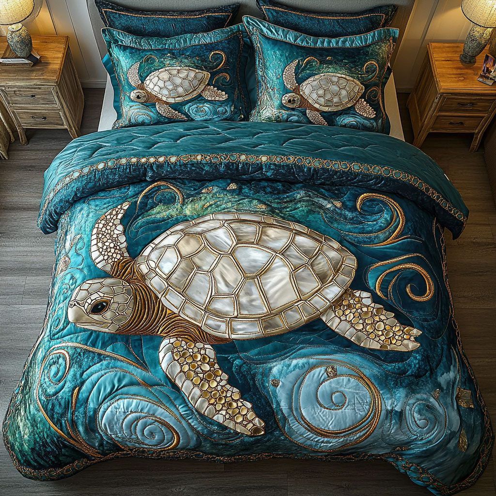 Seagrass Turtle Dance quilted 3-piece bedding set on a made bed in a light coastal bedroom