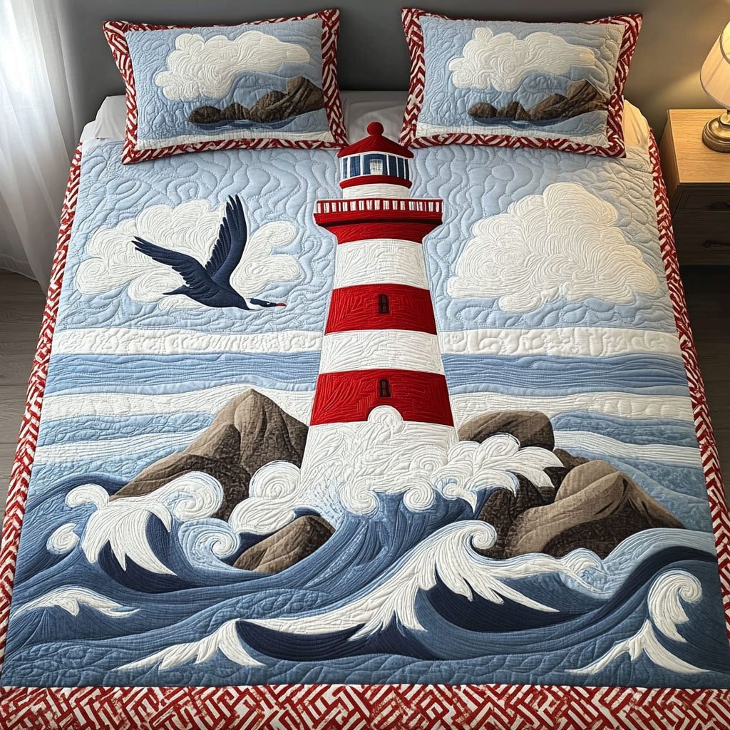Seagull View quilted 3-piece bedding set on a made bed in a light coastal bedroom