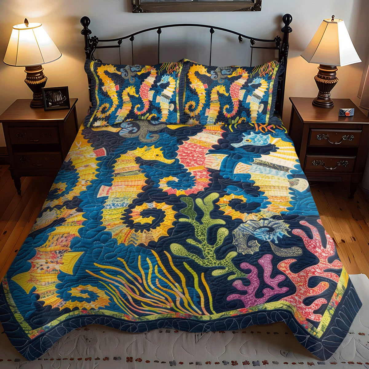 Seahorse Coral quilted 3-piece bedding set on a made bed in a light coastal bedroom