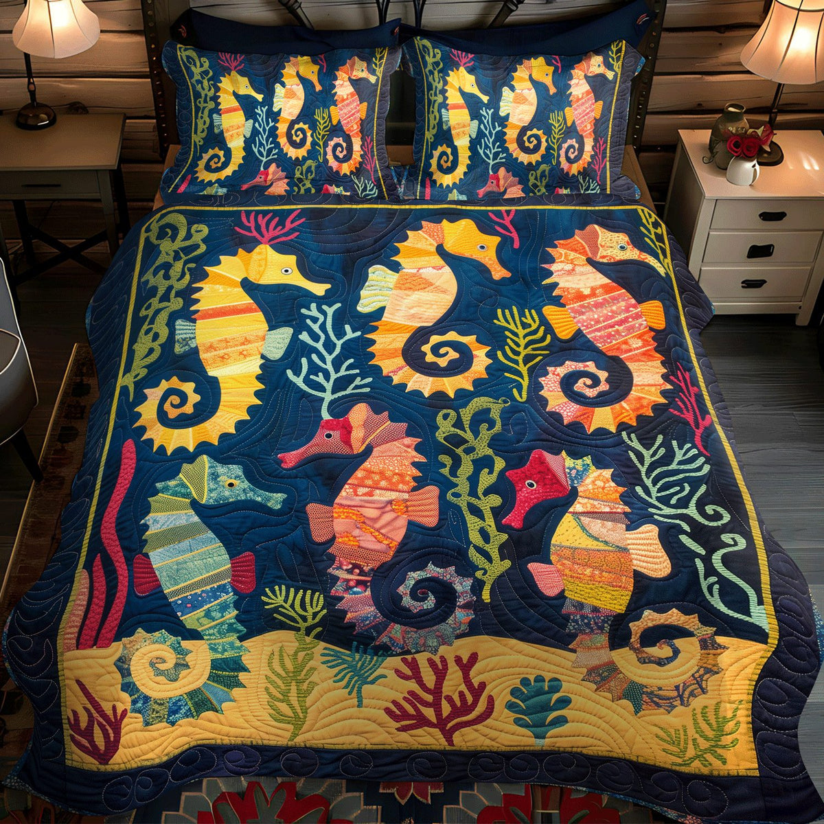 Seahorse Dance quilted 3-piece bedding set on a made bed in a light coastal bedroom