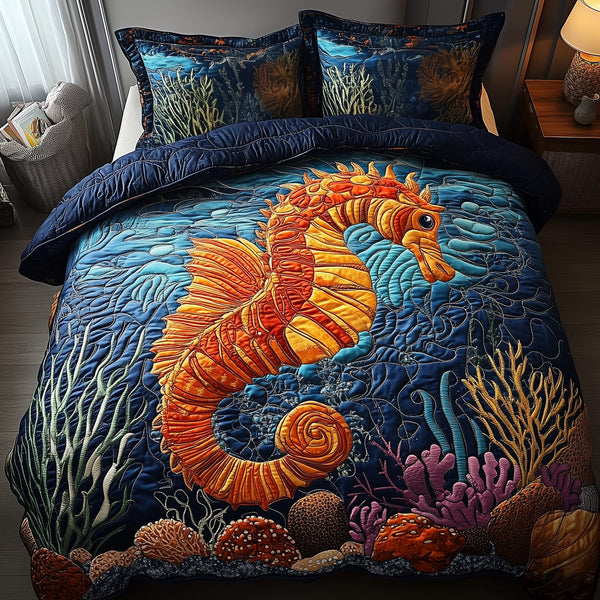 Seahorse quilted 3-piece bedding set on a made bed in a light coastal bedroom