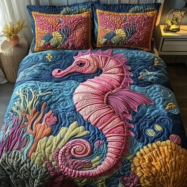 Seahorse quilted 3-piece bedding set on a made bed in a light coastal bedroom