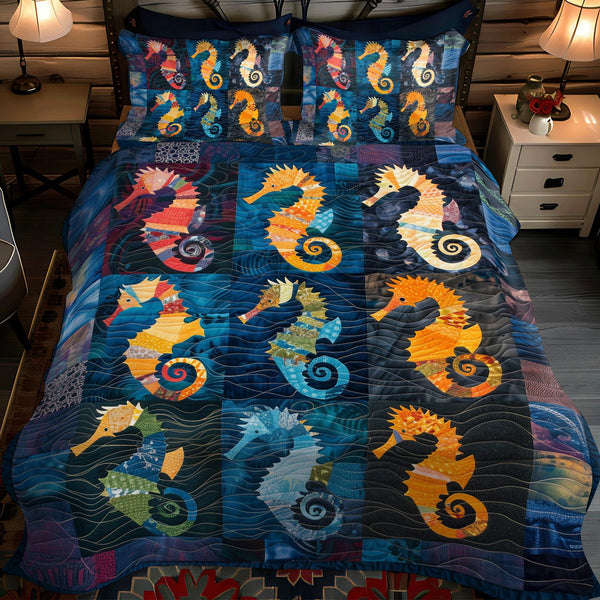 Seahorse Serenade quilted 3-piece bedding set on a made bed in a light coastal bedroom