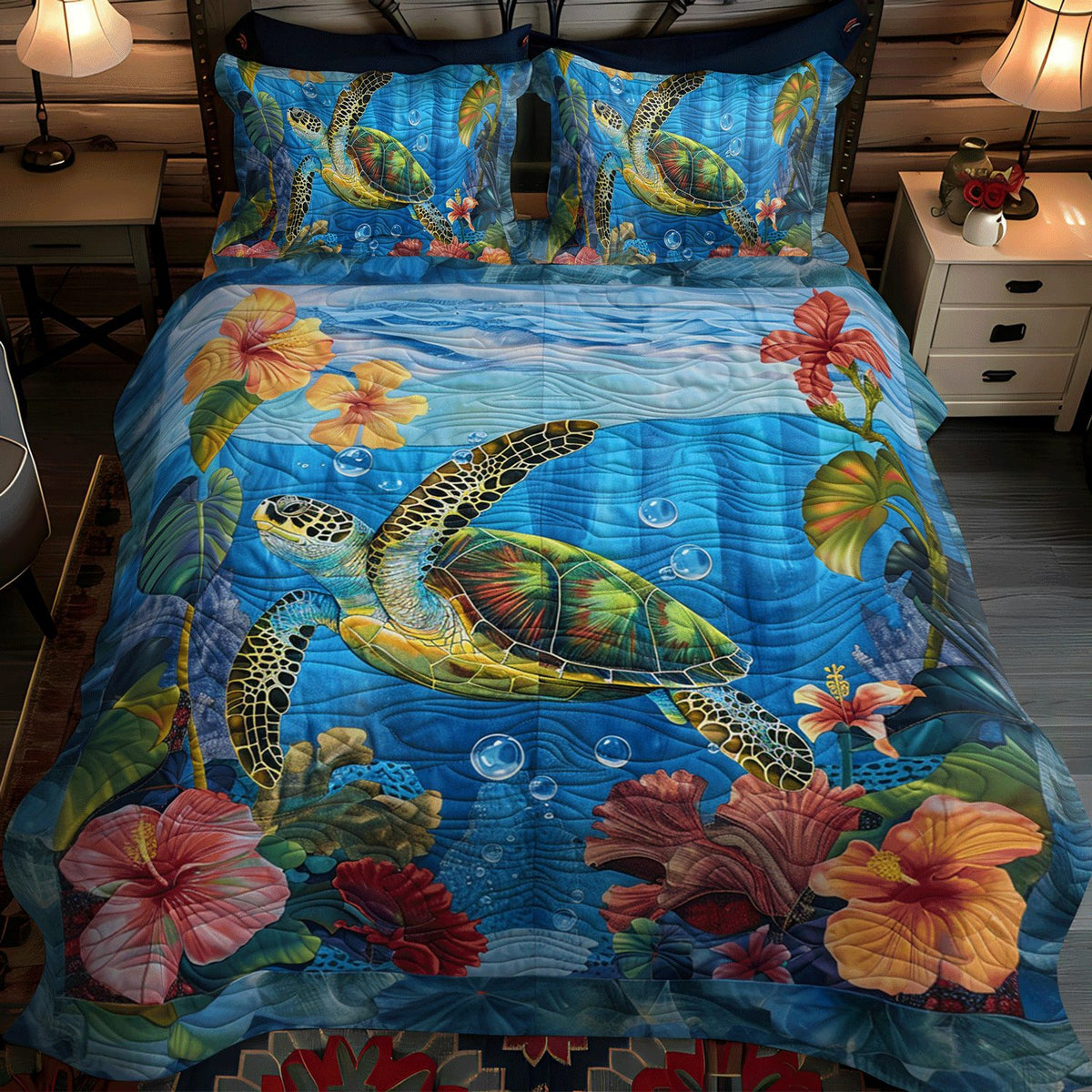 Seascape Symphony quilted 3-piece bedding set on a made bed with two matching pillow shams