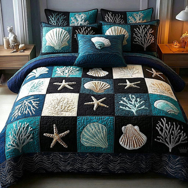 Seashell Calm quilted 3-piece bedding set on a made bed in a light coastal bedroom