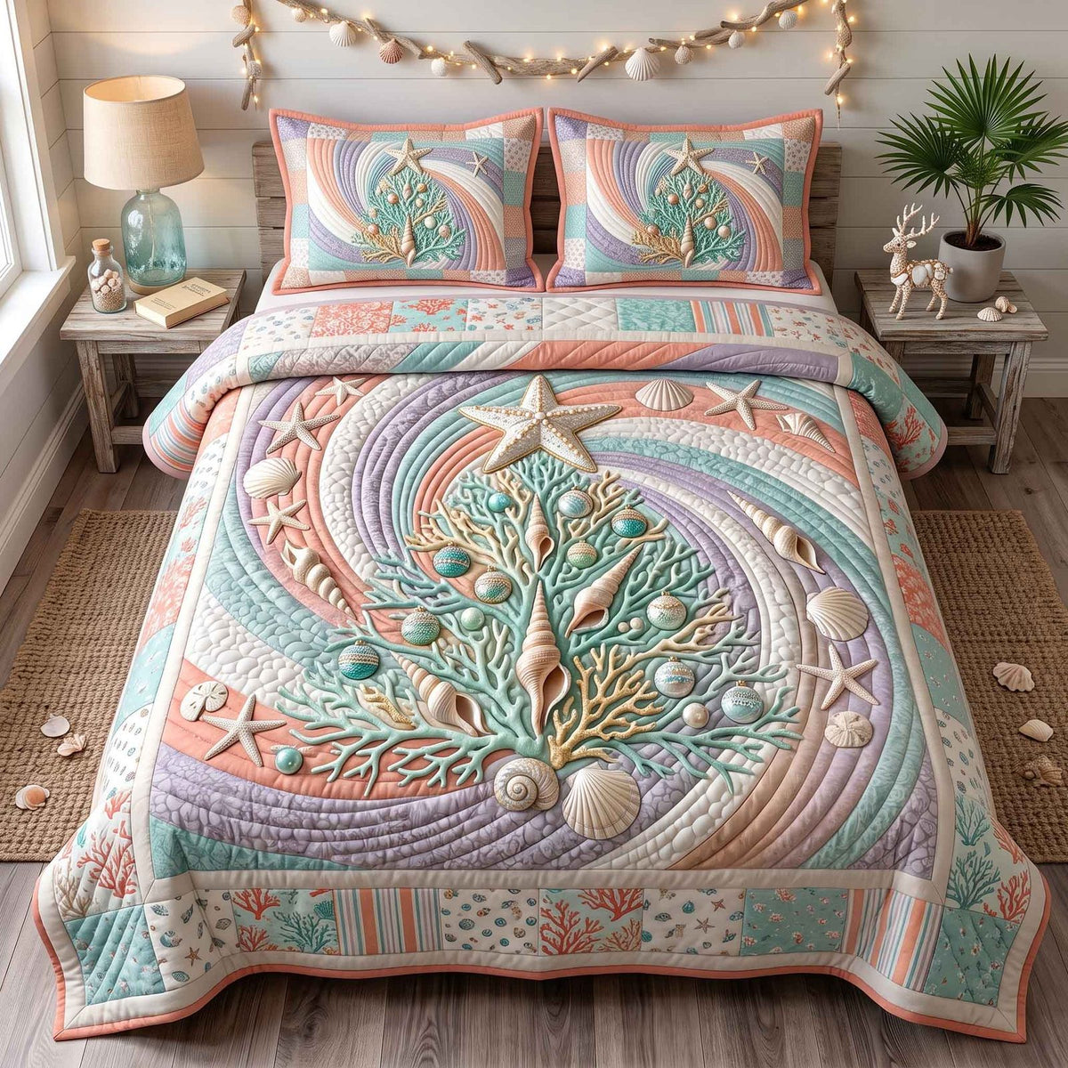 Seashell Christmas quilted 3-piece bedding set on a made bed in a winter-styled bedroom