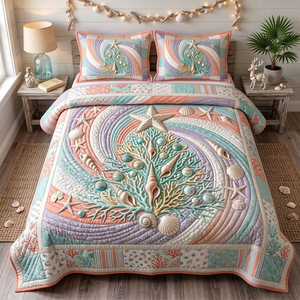 Seashell Christmas quilted 3-piece bedding set on a made bed in a winter-styled bedroom