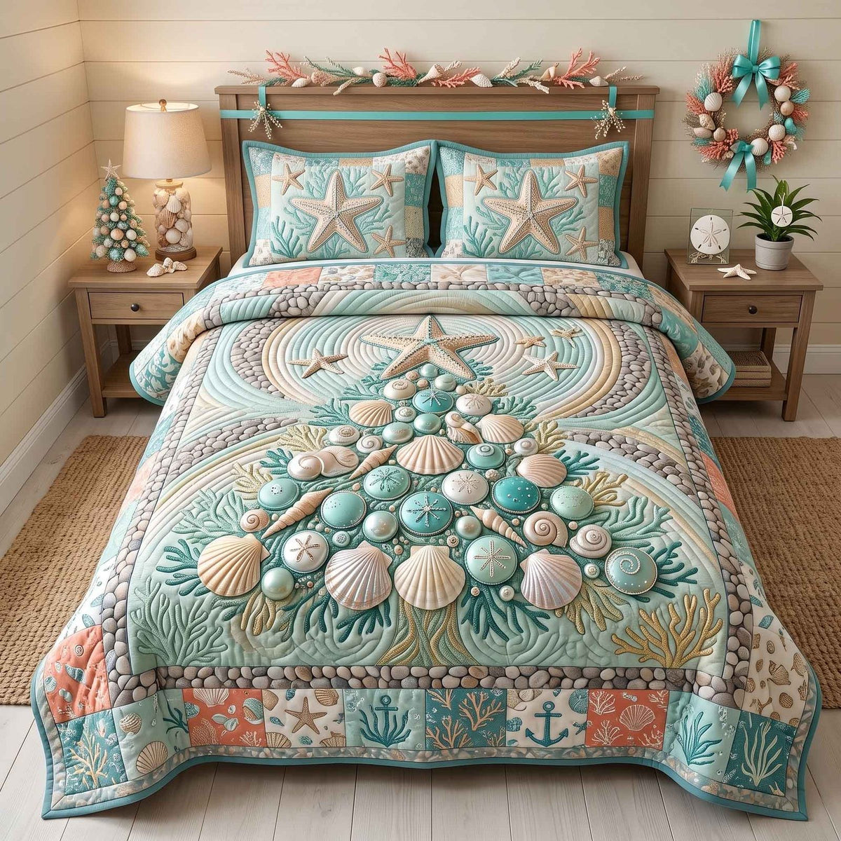 Seashell Christmas quilted 3-piece bedding set on a made bed in a winter-styled bedroom