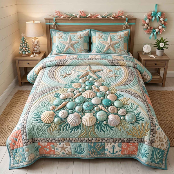 Seashell Christmas quilted 3-piece bedding set on a made bed in a winter-styled bedroom
