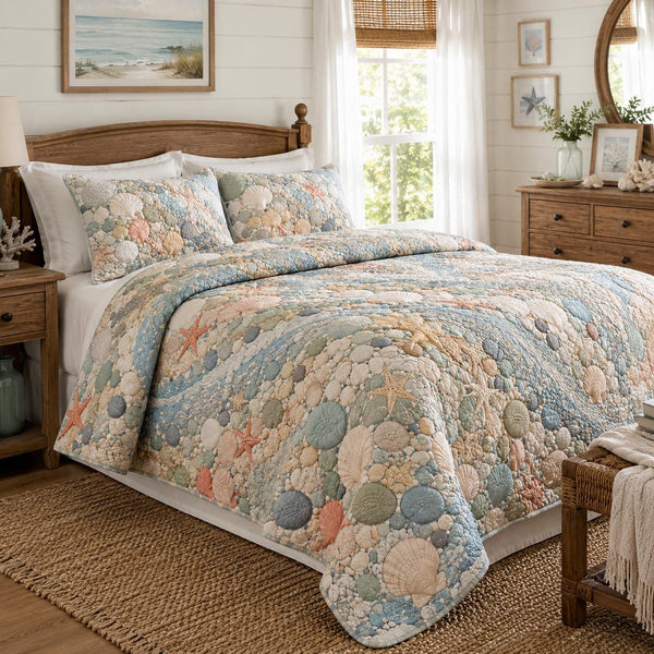 Seashell Garden quilted 3-piece bedding set on a made bed in a light coastal bedroom