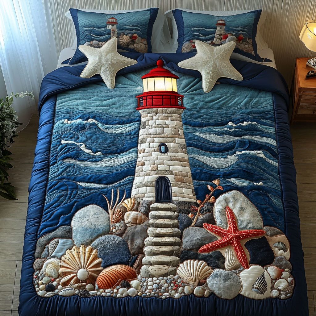 Seashell Haven quilted 3-piece bedding set on a made bed in a light coastal bedroom