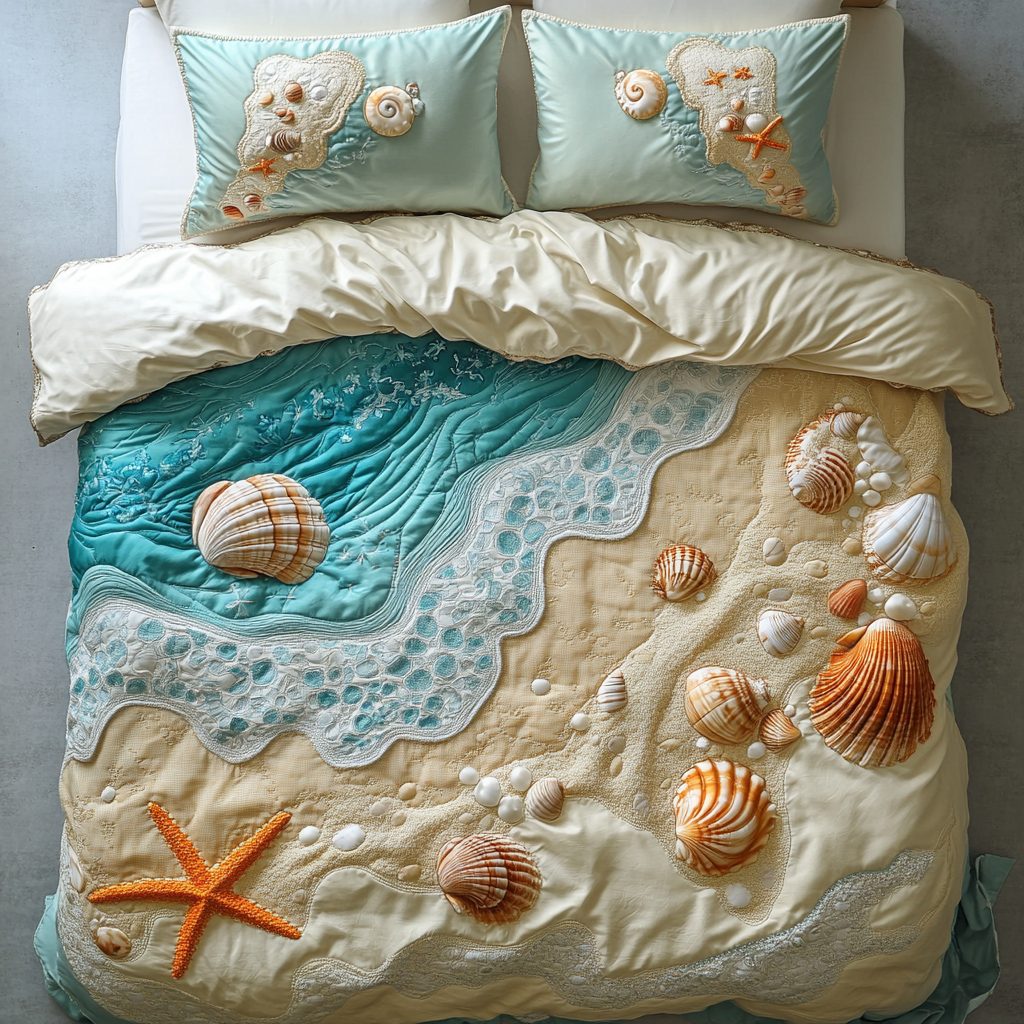 Seashell Shores quilted 3-piece bedding set on a made bed in a light coastal bedroom