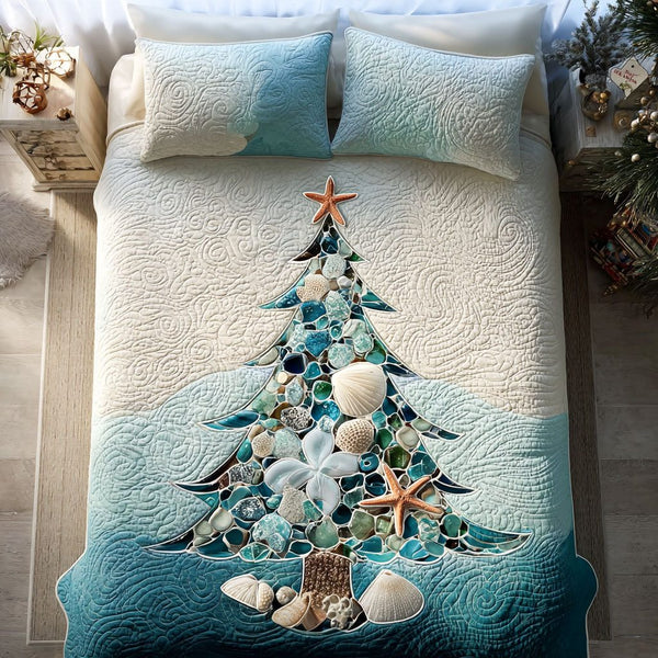 Seashell Wishes quilted 3-piece bedding set on a made bed in a light coastal bedroom