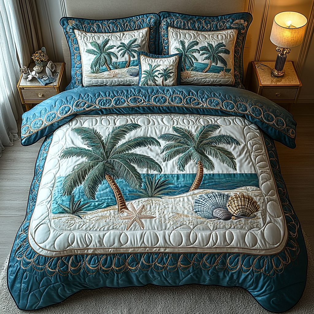 Seashells Palm quilted 3-piece bedding set on a made bed in a light coastal bedroom
