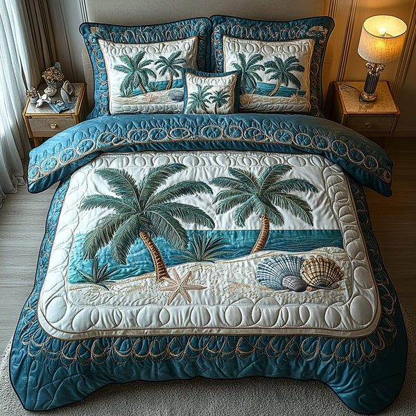 Seashells Palm quilted 3-piece bedding set on a made bed in a light coastal bedroom