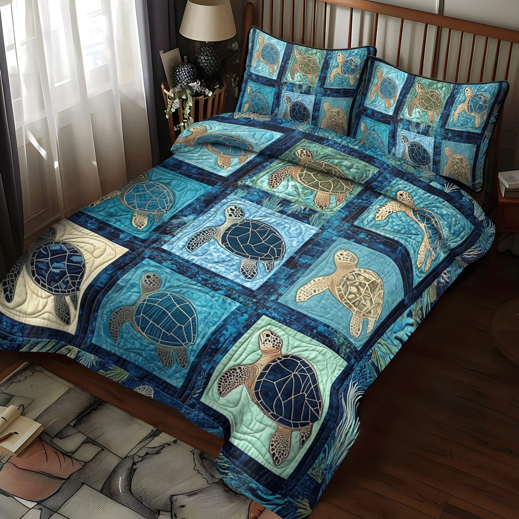 Seashore Serenity quilted 3-piece bedding set on a made bed in a light coastal bedroom