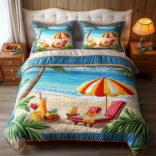Seaside Brunch quilted 3-piece bedding set on a made bed in a light coastal bedroom