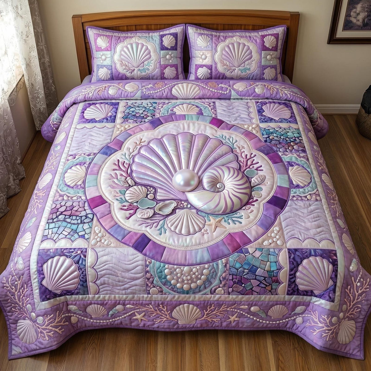 Seaside Calm quilted 3-piece bedding set on a made bed in a light coastal bedroom