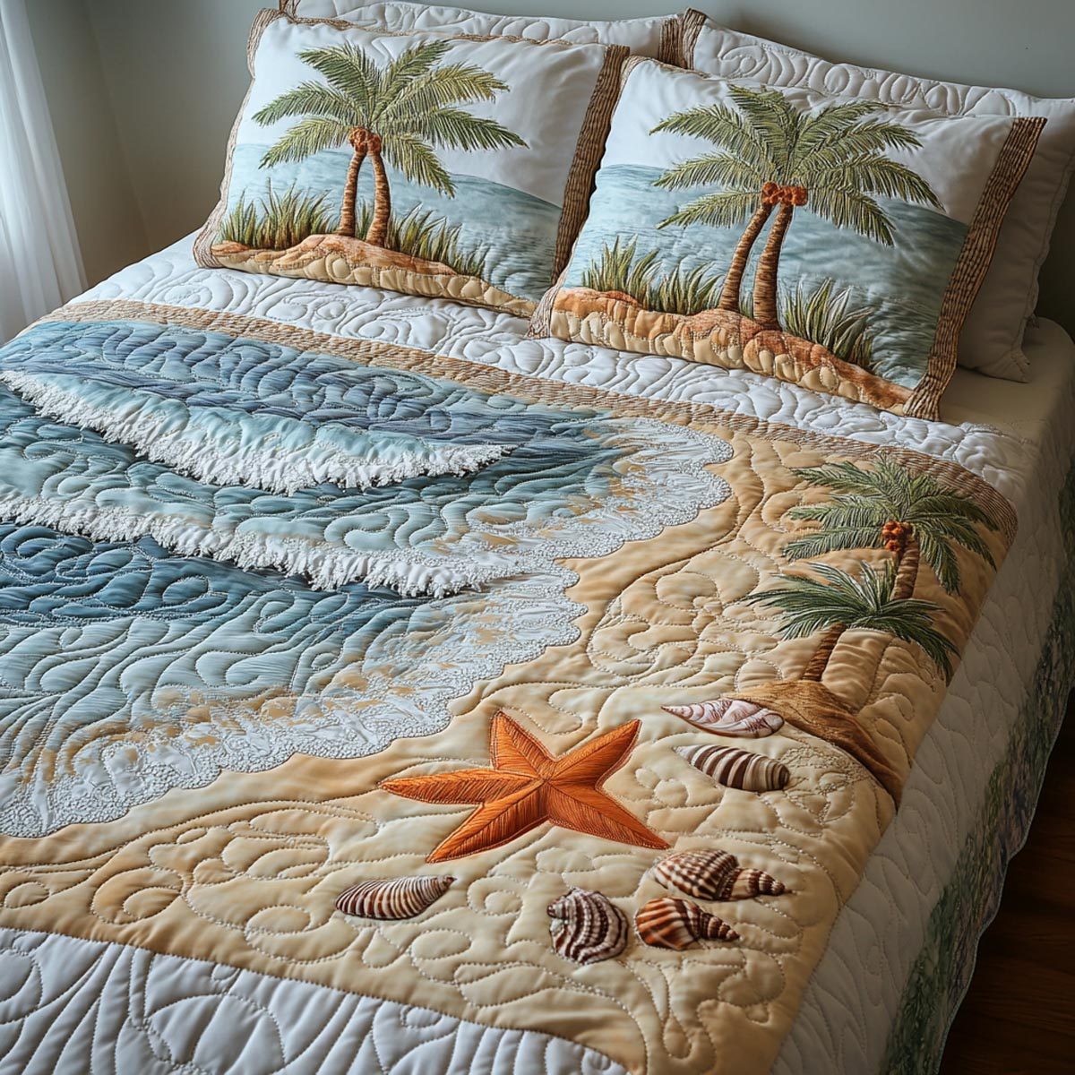 Seaside Calm quilted 3-piece bedding set on a made bed in a light coastal bedroom