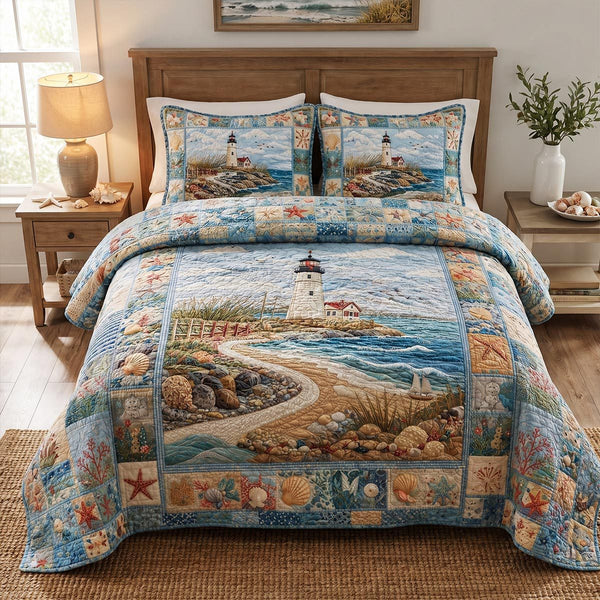 Seaside Calm quilted 3-piece bedding set on a made bed in a light coastal bedroom
