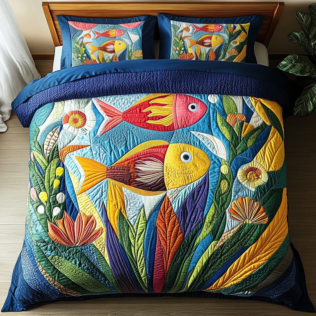 Seaside Charm quilted 3-piece bedding set on a made bed in a light coastal bedroom