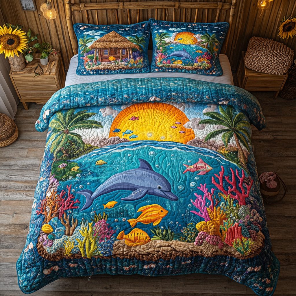 Seaside Charm quilted 3-piece bedding set on a made bed in a light coastal bedroom