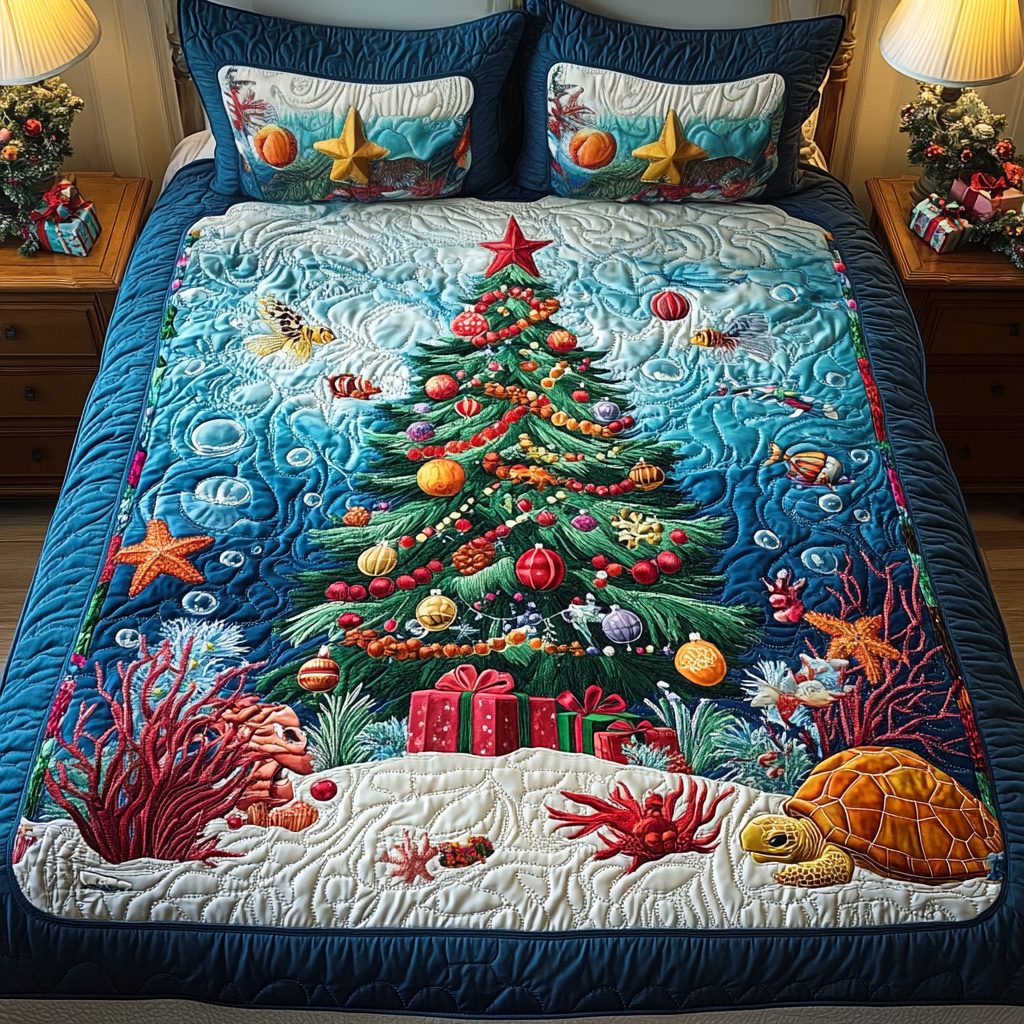 Seaside Cheer quilted 3-piece bedding set on a made bed in a light coastal bedroom