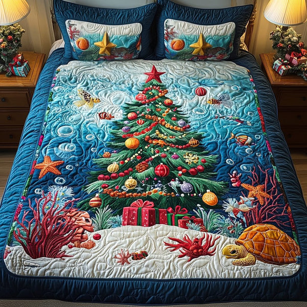 Seaside Cheer quilted 3-piece bedding set on a made bed in a light coastal bedroom