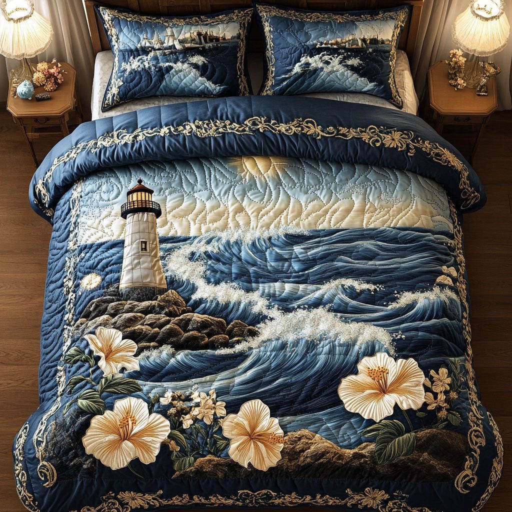 Seaside Dreams quilted 3-piece bedding set on a made bed in a light coastal bedroom