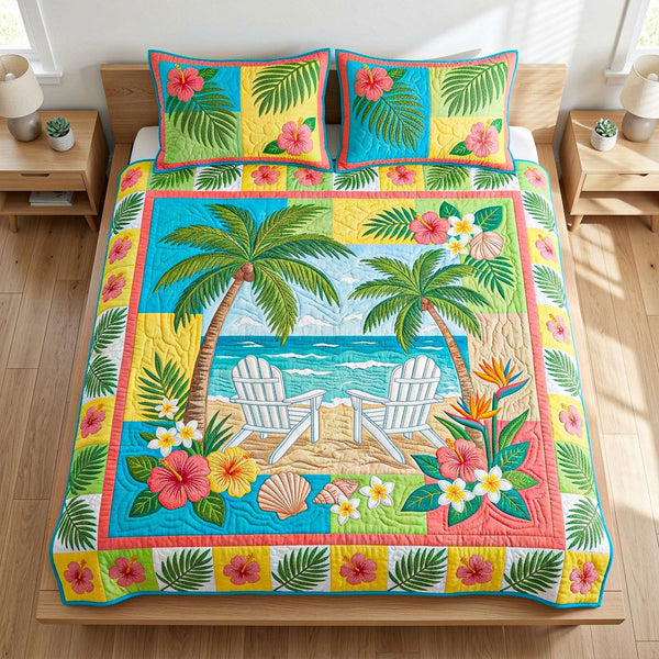 Seaside Dreams quilted 3-piece bedding set on a made bed in a light coastal bedroom