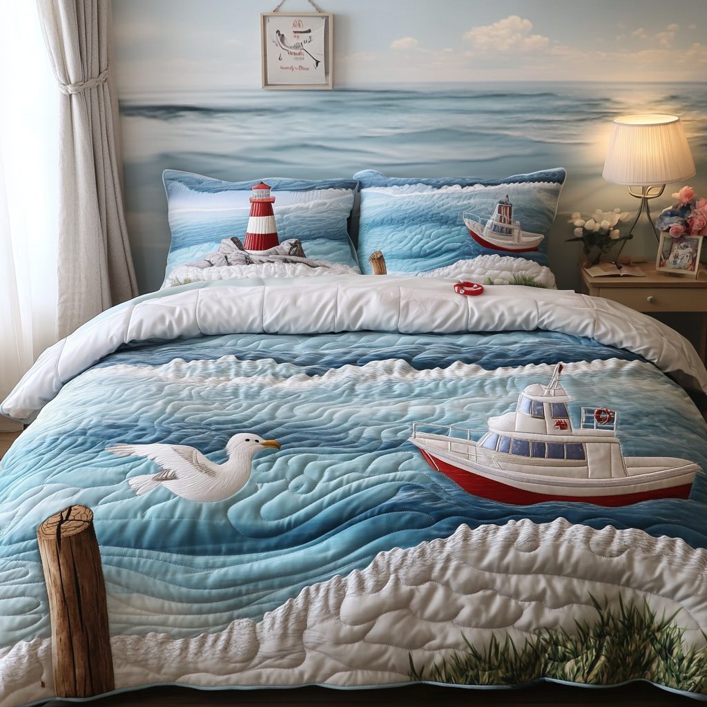 Seaside Dreams quilted 3-piece bedding set on a made bed in a light coastal bedroom