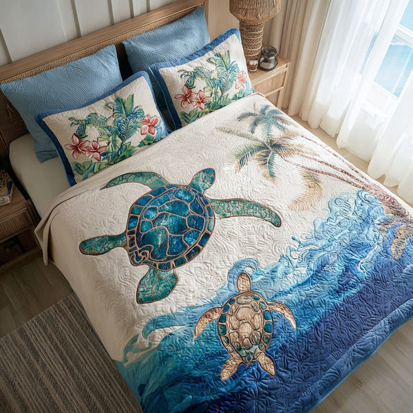 Seaside Drift quilted 3-piece bedding set on a made bed in a light coastal bedroom