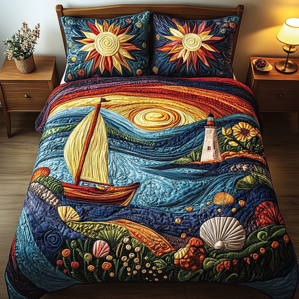 Seaside Escape quilted 3-piece bedding set on a made bed in a light coastal bedroom