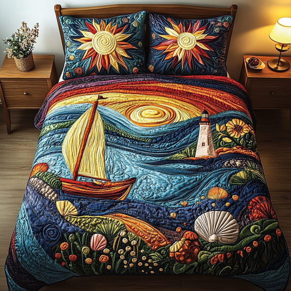 Seaside Escape quilted 3-piece bedding set on a made bed in a light coastal bedroom