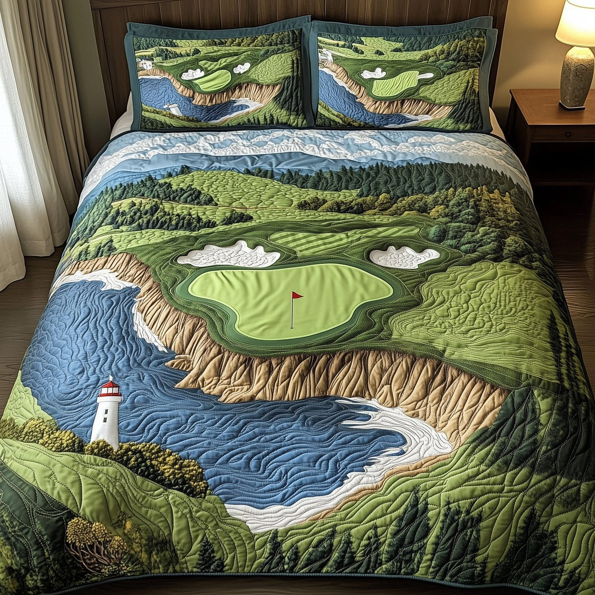 Seaside Fairway Dreams quilted 3-piece bedding set on a made bed in a light coastal bedroom