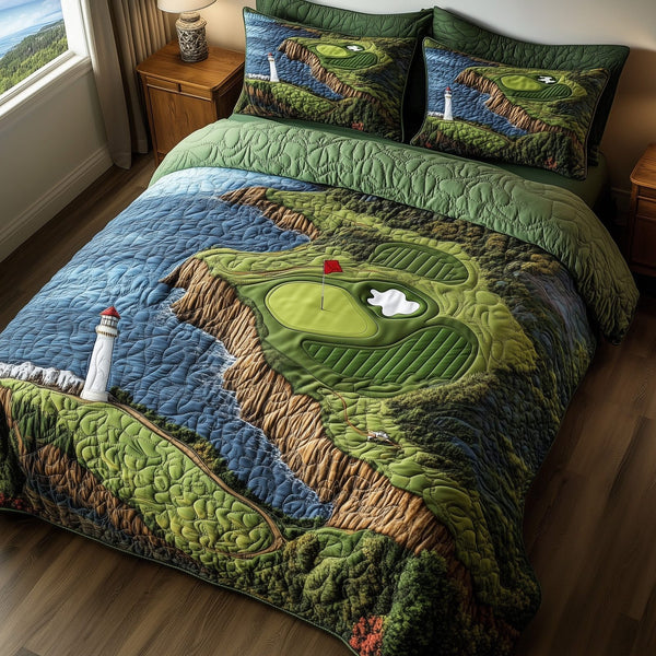 Seaside Fairway Dreams quilted 3-piece bedding set on a made bed in a light coastal bedroom