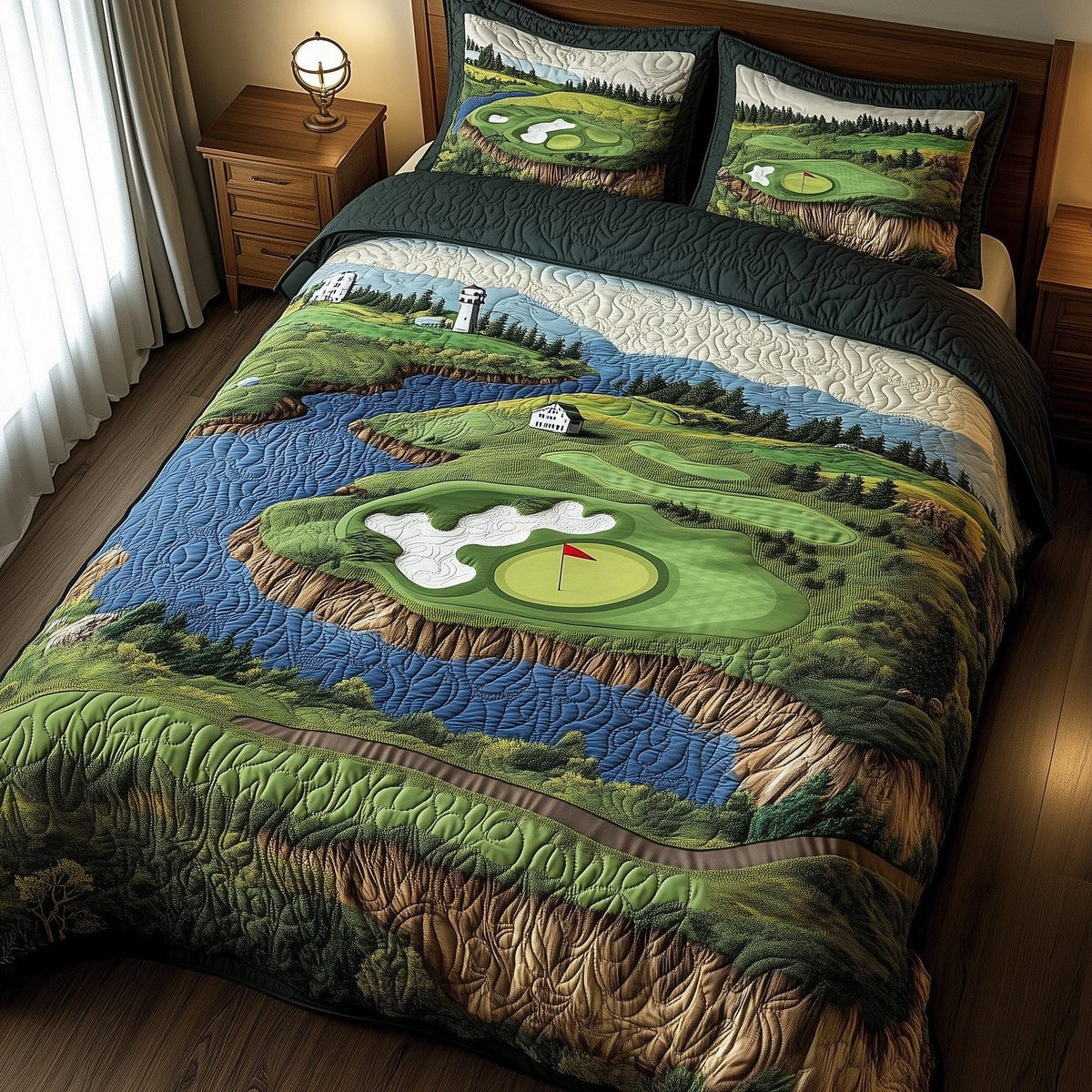 Seaside Fairway Dreams quilted 3-piece bedding set on a made bed in a light coastal bedroom
