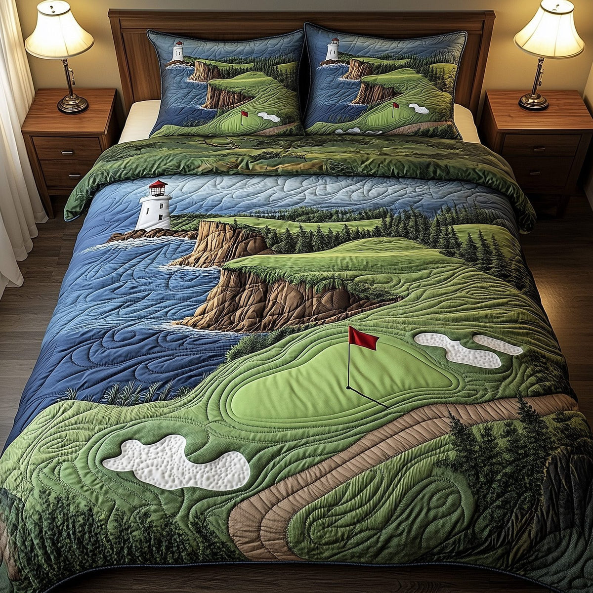 Seaside Fairway Dreams quilted 3-piece bedding set on a made bed in a light coastal bedroom