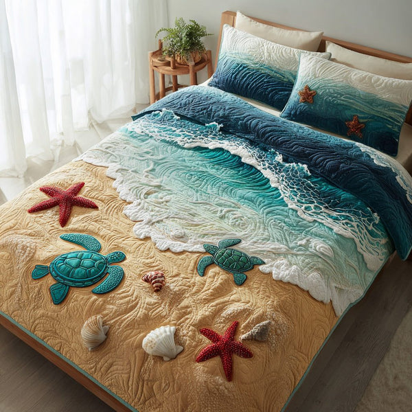 Seaside Friends quilted 3-piece bedding set on a made bed in a light coastal bedroom