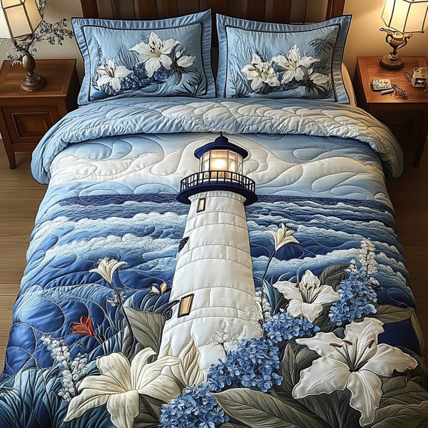 Seaside Glow quilted 3-piece bedding set on a made bed in a light coastal bedroom