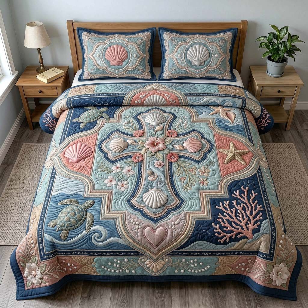 Seaside Grace Cross quilted 3-piece bedding set on a made bed in a softly lit bedroom