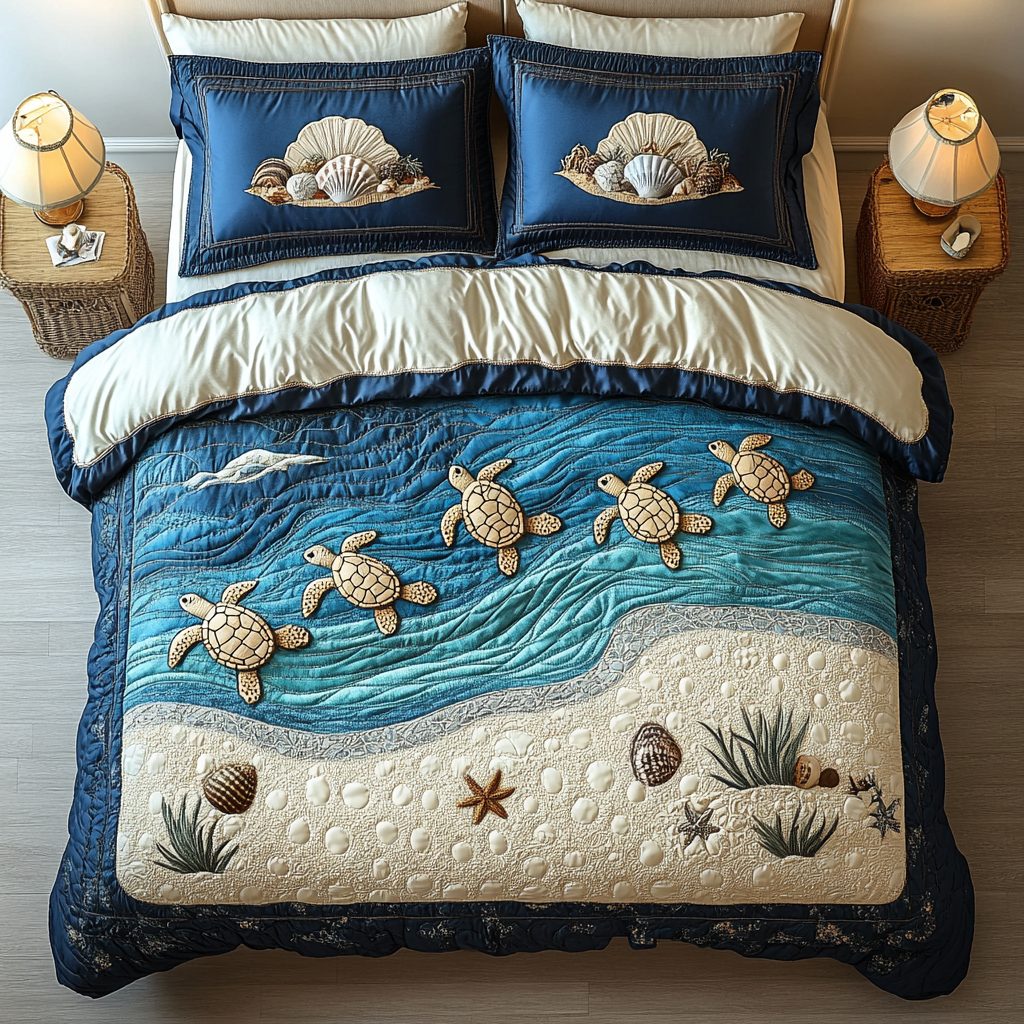 Seaside Guardian quilted 3-piece bedding set on a made bed in a light coastal bedroom