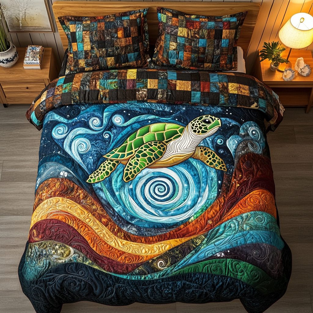 Seaside Guardian quilted 3-piece bedding set on a made bed in a light coastal bedroom