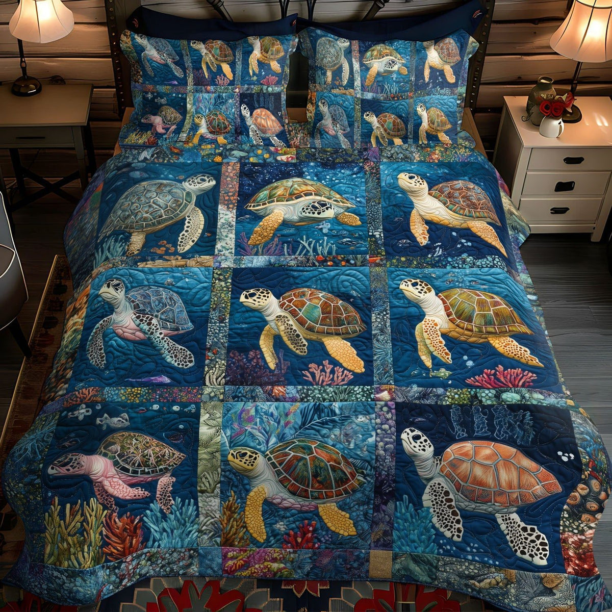 Seaside Harmony quilted 3-piece bedding set on a made bed in a light coastal bedroom
