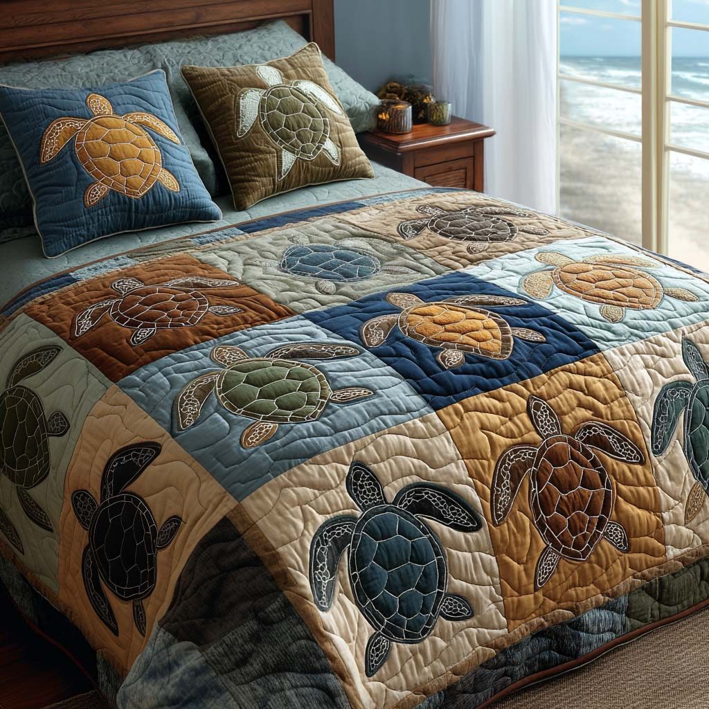 Seaside Journey quilted 3-piece bedding set on a made bed in a light coastal bedroom