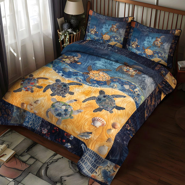 Seaside Journey quilted 3-piece bedding set on a made bed in a light coastal bedroom