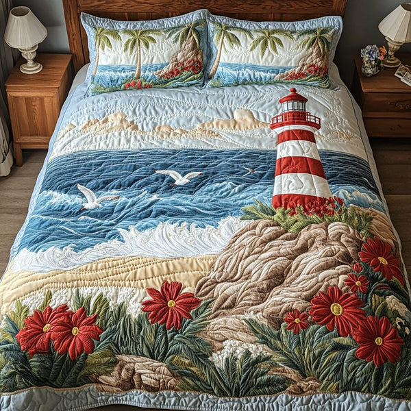 Seaside Lighthouse quilted 3-piece bedding set on a made bed in a light coastal bedroom
