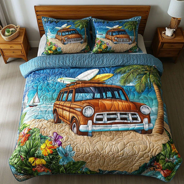 Seaside Ride quilted 3-piece bedding set on a made bed in a light coastal bedroom