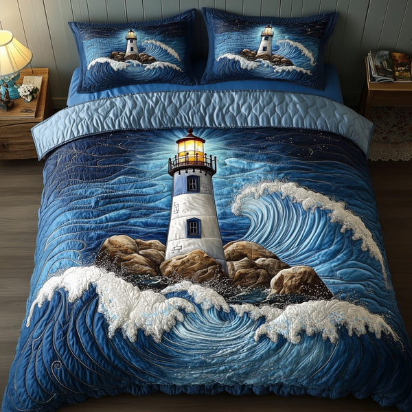 Seaside Serenity quilted 3-piece bedding set on a made bed in a light coastal bedroom