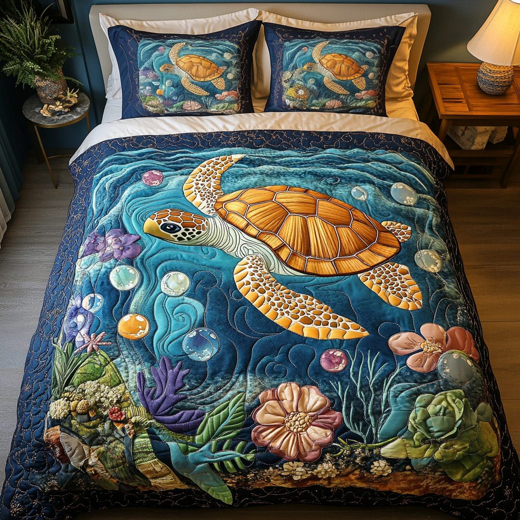 Seaside Serenity quilted 3-piece bedding set on a made bed in a light coastal bedroom